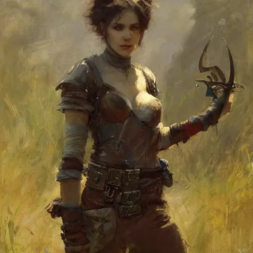 Prompt: Richard Schmid and Jeremy Lipking full length portrait photo of a beautiful ranger woman, dungeons and dragons, fantasy