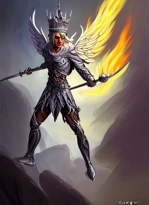 Image similar to aggressive winged androgenous queer silver elf with fire crown, d & d, muscular! crossfit, fitness, tech suit, tight wrinkled cloath, vivid color scheme, atmospheric perspective, fantasy, intricate, elegant, highly detailed, digital painting, artstation, concept art, smooth, sharp focus, illustration, art by craig davison and jesper ejsing