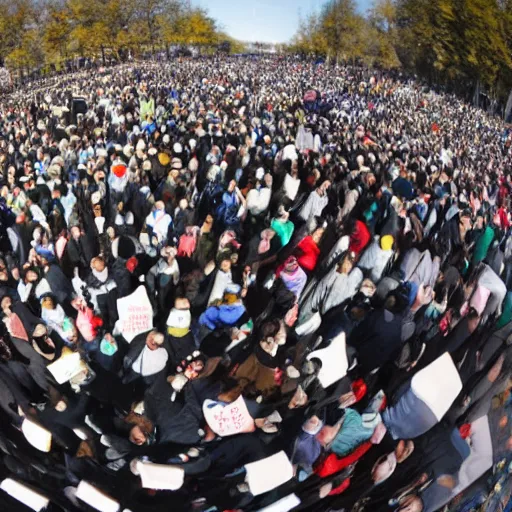 Prompt: photo of lower sock prices protest, fisheye lens,