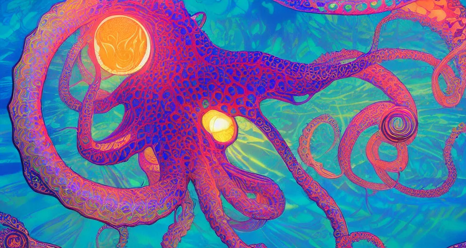Prompt: insanely psychedelic ocean, paisley ripples, backlit, 🦑 psychedelic octopus, sunrise 🌅, refracted lighting, psychedelic ocean art, elegant, 8 k resolution, intricate and fine details, digital painting, artstation, illustration, krenz cushart, alphonse mucha