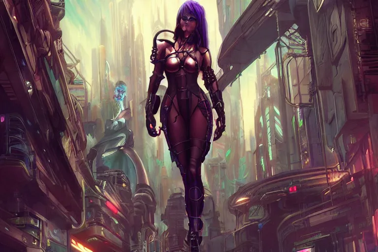 Image similar to cyberpunk fantasy girl, futuristic city, concept art, smooth, sharp focus, art by artgerm and raymond swanland and alphonse mucha