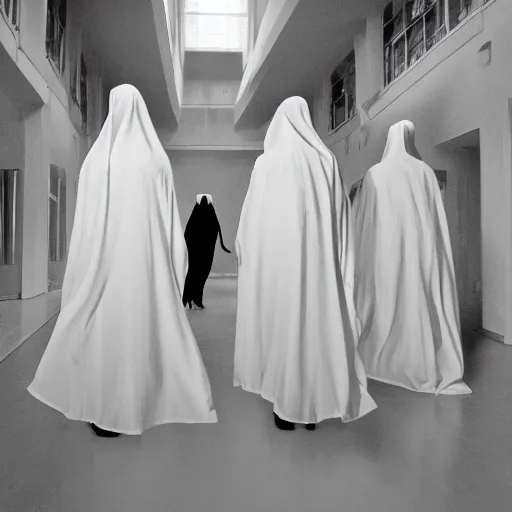 Image similar to nightmare vision, black and white, award winning photo, levitating twin nuns, wearing translucent sheet, in a sanctuary, eerie, frightening —width 1024 —height 1024