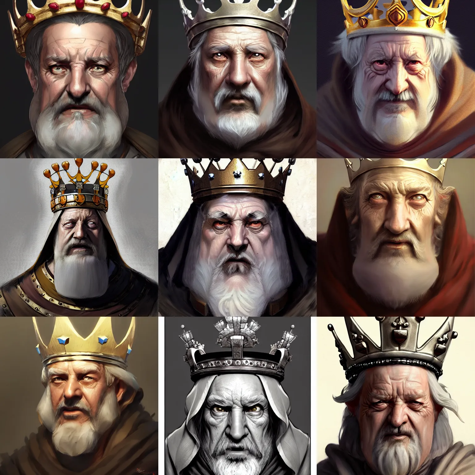 Prompt: character concept art of character concept art of a medieval old king with a crown | | distinct - fine, key visual, realistic shaded perfect face, fine details by stanley artgerm lau, wlop, rossdraws, james jean, andrei riabovitchev, marc simonetti, sakimichan, and jakub rebelka, trending on artstation