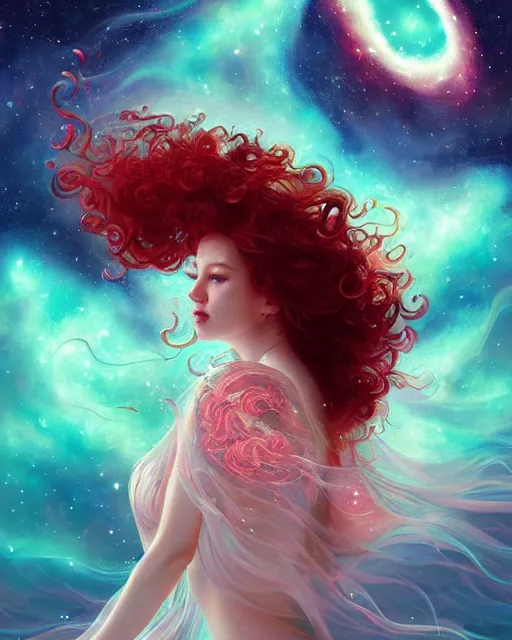 Prompt: Goddess with curly red hair floating in a sea of cosmic stars, swirling floral dress, astral flower couture, by WLOP and Artgerm, victoria's secret, deviantart, radiant light, artstation