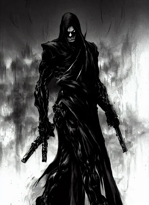 Prompt: Shadow, undead assassin in black robe, scary, monster. In style of Yoji Shinkawa and Hyung-tae Kim, trending on ArtStation, dark fantasy, great composition, concept art, highly detailed, dynamic pose.