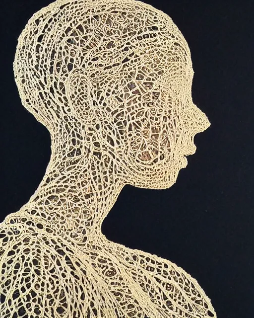 Image similar to a woman's face in profile, made of intricate decorative lace leaves, in the style of casey weldon