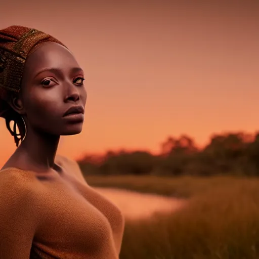 Image similar to photographic portrait of a stunningly beautiful african renaissance female in soft dreamy light at sunset, beside the river, soft focus, contemporary fashion shoot, in a denis villeneuve and tim burton movie, by edward robert hughes, annie leibovitz and steve mccurry, david lazar, jimmy nelsson, extremely detailed, breathtaking, hyperrealistic, perfect face, octane render