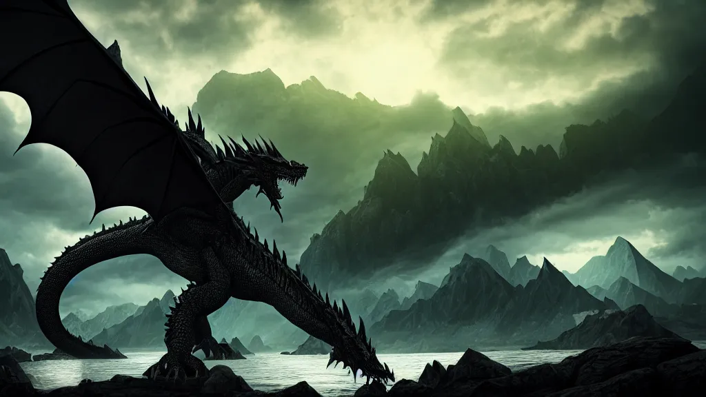 Image similar to Ancalagon the black, the biggest dragon that ever lived, over towering the huge mountains of Thangorodrim, single dragon, landscape wide shot, epic, cinematic lighting, Unreal Engine 5, film key art, Bloom, dramatic lighting, cg artist