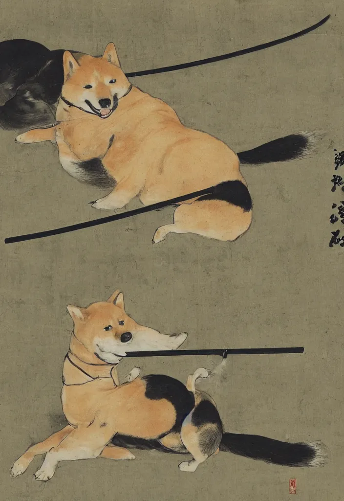Image similar to a shiba-inu-samurai general waking up from a nap on the battlefield, his trusty katana at his side, artwork on loan from the historical dog society of japan