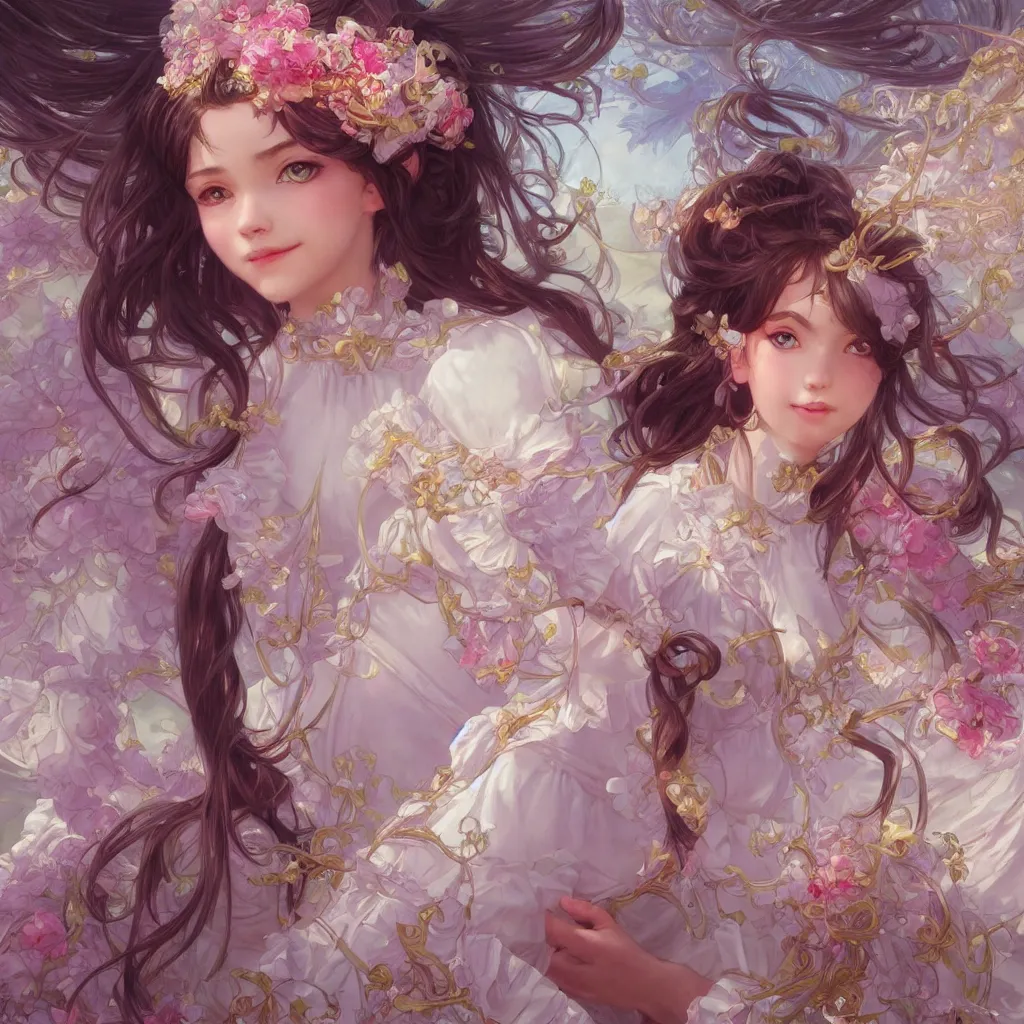 Prompt: portrait of a magical lolita girl, dreamy and ethereal, happy expression, ornate frilly dress, fantasy, intricate, elegant, colored crystal, highly detailed, digital painting, artstation, concept art, smooth, sharp focus, illustration, art by artgerm and greg rutkowski and alphonse mucha