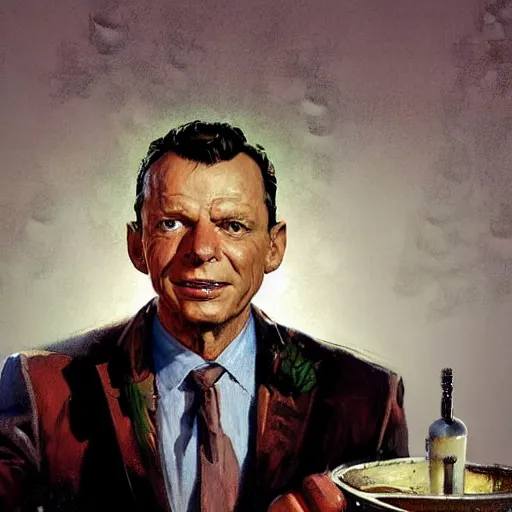 Image similar to a highly detailed epic cinematic concept art CG render digital painting artwork costume design: Frank Sinatra as a poor 1950s bartender. volumetric lighting. By Greg Rutkowski, in the style of Francis Bacon and Syd Mead and Norman Rockwell and Beksinski, great attention to proper perfect anatomy, highly detailed, painted by Francis Bacon and Edward Hopper, painted by James Gilleard, surrealism, airbrush, Ilya Kuvshinov, WLOP, Stanley Artgerm, very coherent, triadic color scheme, realistic facial expression, art by Takato Yamamoto and James Jean