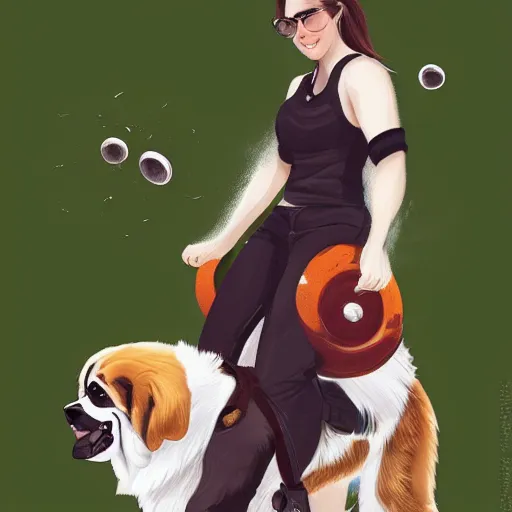 Image similar to girl riding a giant saint Bernard at the park catching a frisbee, trending on artstation