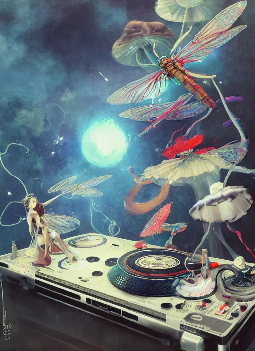 Image similar to surreal gouache painting, by yoshitaka amano, by ruan jia, by Conrad roset, by good smile company, detailed anime 3d render of a magical Dragonfly flying over a Mushroom on a DJ Mixer, Vinyl deck, controller, portrait, cgsociety, artstation, rococo mechanical and Digital and electronic, dieselpunk atmosphere