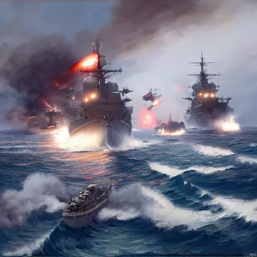 Image similar to an american navy attacking the german navy in ww 2 by greg rutkowski