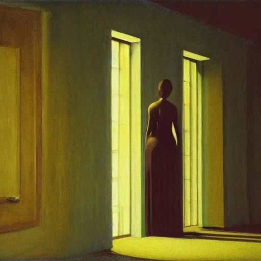 Prompt: a lonely figure in an haunted hotel abandoned room, hyperrealistic film still by edward hopper, by gottfried helnwein, by klimt, by de chirico, art noveau, highly detailed, strong lights, liminal, eerie, metaphysical, bright pastel colors,