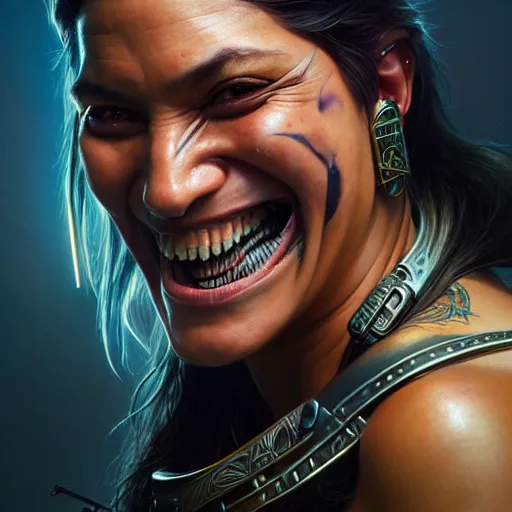 Prompt: portrait painting of a proud cyberpunk maori warrior laughing, ultra realistic, concept art, intricate details, eerie, highly detailed, photorealistic, octane render, 8 k, unreal engine. art by artgerm and greg rutkowski and magali villeneuve and alphonse mucha