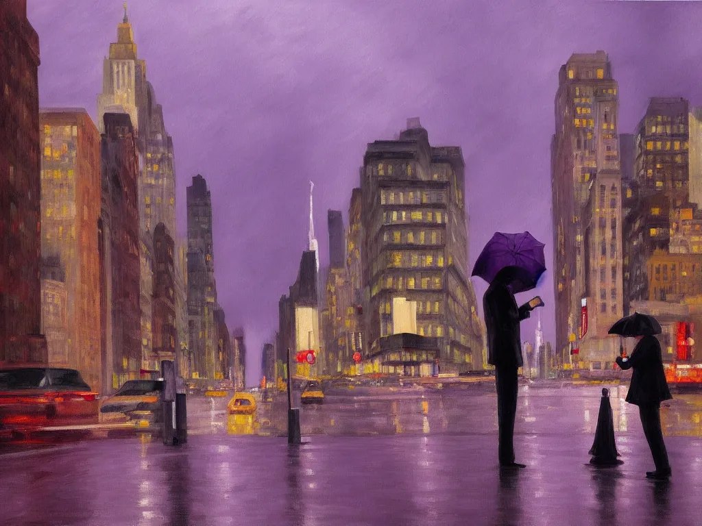 Image similar to cityscape view of new york city night, raining, purple storm skies, man with umbrella, ultra view angle view, realistic detailed painting by edward hopper