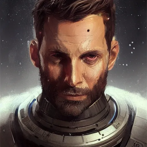 Image similar to Portrait of a man by Greg Rutkowski, he is about 30 years old, Nordic and Hebrew factions, messy brown short hair, strong, tired expression, father figure image, he is wearing a futuristic space gear, highly detailed portrait, scifi, digital painting, artstation, concept art, smooth, sharp foccus ilustration, Artstation HQ.