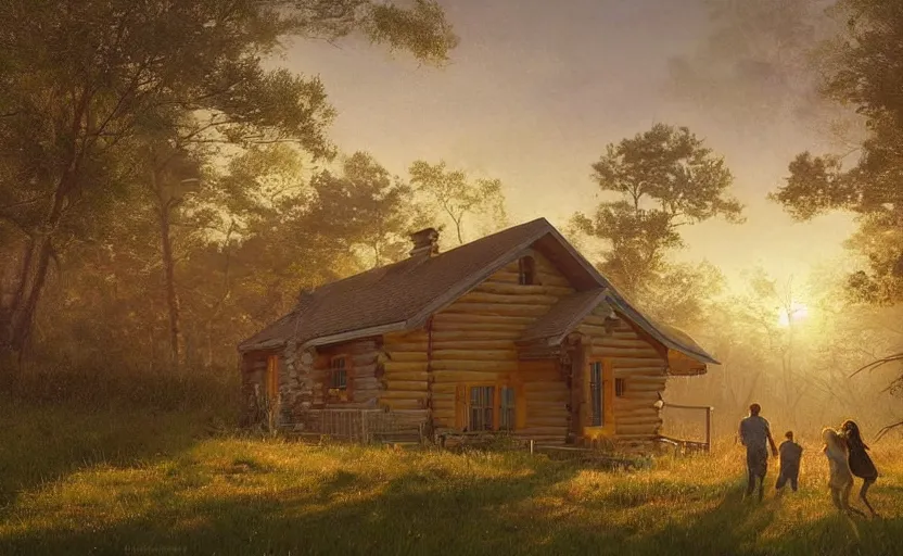 Image similar to a highly detailed epic cinematic concept art CG render digital painting artwork: small family cabin House, modern archetecture, excessove vegetation, foggy, dreamy, golden hour sunset By Greg Rutkowski, in the style of Francis Bacon and Syd Mead and Norman Rockwell and Beksinski, open ceiling, highly detailed, painted by Francis Bacon and Edward Hopper, painted by James Gilleard, surrealism, airbrush, Ilya Kuvshinov, WLOP, Stanley Artgerm, very coherent, triadic color scheme, art by Takato Yamamoto and James Jean