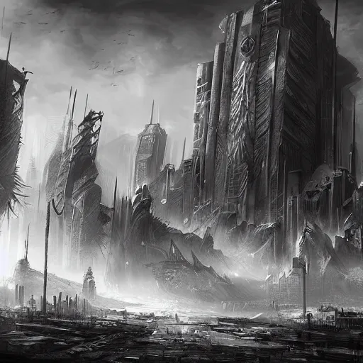 Image similar to landscape of apocalypse city, grayscale, by stanley artgerm lau