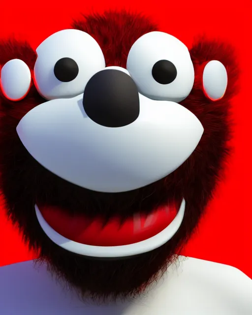 Image similar to 3 d render of completely red hairy friendly monster smiling wearing chrome shades, simple, cute, cartoony, white background, unreal engine 5 hdr