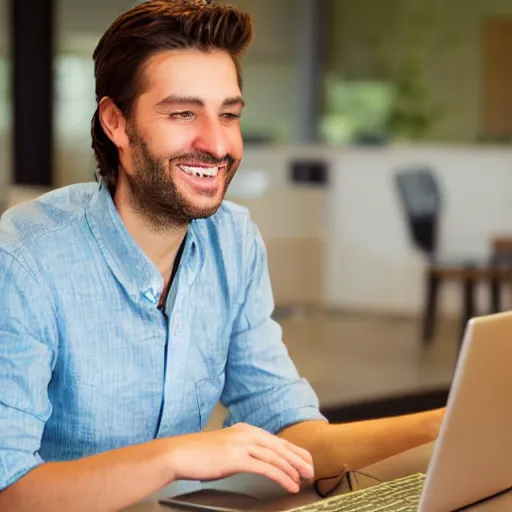 Image similar to a programmer finally fixed a bug in his code after trying for a long time, looking relieved and happy