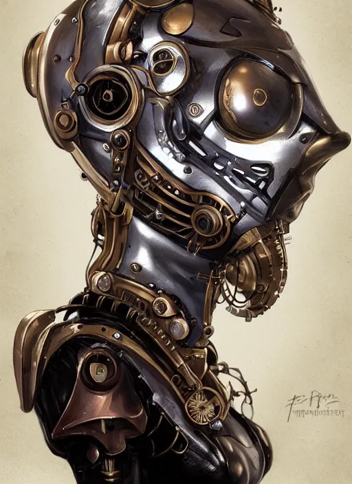 Prompt: portrait of a steampunk robot woman in 1810 by Artgerm, biomechanical, hyper detailled, trending on artstation