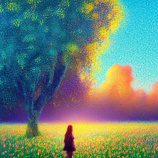 Prompt: girl of flowers, standing in a flower field, big trees, sunrise dramatic light, impressionist painting, colorful clouds, digital painting, pointillism, artstation, simon stalenhag