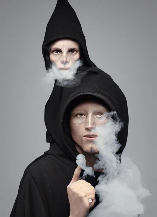 Image similar to an anthropomorphic beautiful male scientist portrait blowing smoke wearing black hoodie robe, binocular, fine art, award winning, intricate, elegant, sharp focus, octane render, hyperrealistic, wizard hat cinematic lighting, highly detailed, digital painting, 8 k concept art, art by jamie hewlett and z. w. gu, masterpiece, trending on artstation, 8 k