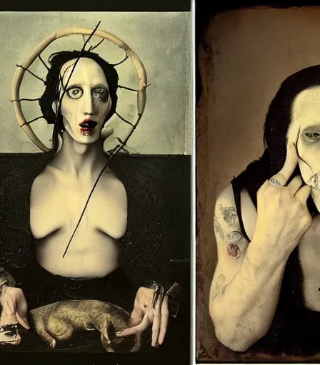 Image similar to portrait of marilyn manson by joel peter witkin and hieronymus bosch, high quality, high detail