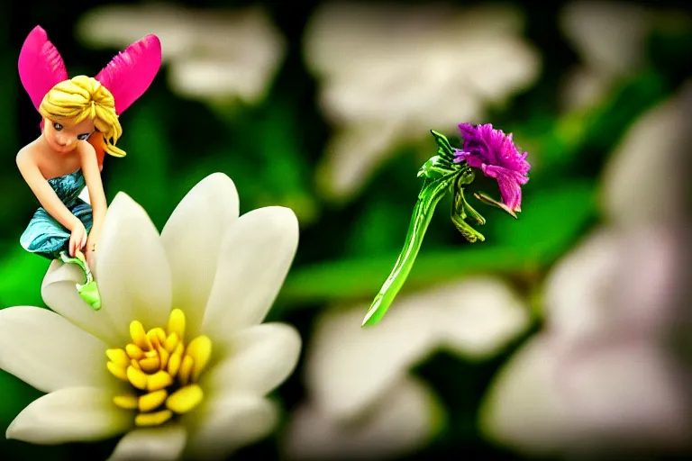 Image similar to Tinkerbell kissing a flower, hyper realism, macro shot