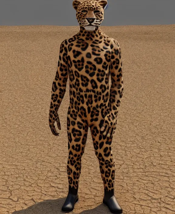 Prompt: realistic 3 d render 🐆 photorealistic happy fullbody 🐆 👨 art portrait, strapping boots on and suiting up, getting ready for roughneck work, martian mining ⛏ colony, a handsome ♂ leopard furry, long fluffy tail, beautiful natural soft light, rim light