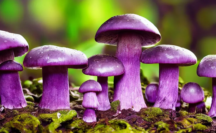 Image similar to a photography of a purple mushroom family in a rainforest, intricate detail, photorealistic