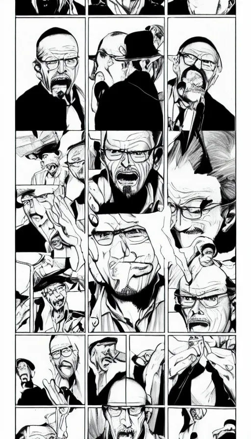 Prompt: manga page of Walter white screaming