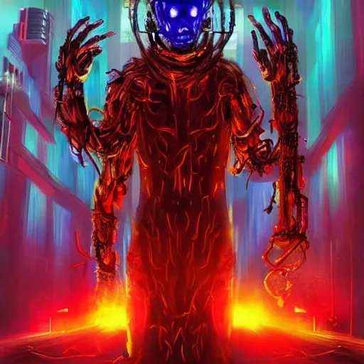 Image similar to Very very very horrific cyber-demon, cyberpunk style, vivid colors, dramatic lighting, top post of all time on /r/ImaginaryMonsters subreddit