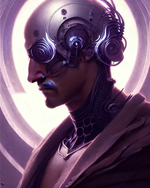 Prompt: Beautiful ethereal cyberpunk man, art nouveau, fantasy, intricate binary and electronic designs, elegant, highly detailed, sharp focus, art by Artgerm and Greg Rutkowski and WLOP