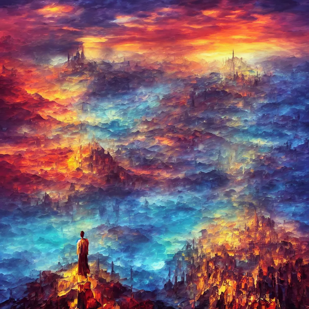 Prompt: the crowned king!!! looking mad with anger in his eyes, looking down on the city of blood and prisms from above the mountain, night skies, dramatic light, hyperrealistic, colorful skies, digital art, studio portrait absurdly beautiful, elegant, graceful, alena aenami, leonid afremov, wayne barlowe