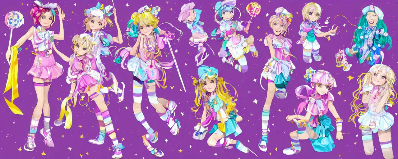 Prompt: A character sheet of full body cute magical girls with short blond hair wearing an oversized purple Beret, Purple overall shorts, Short Puffy pants made of silk, pointy jester shoes, a big billowy scarf, and white leggings. Rainbow accessories all over. Flowing fabric. Golden Ribbon. Covered in stars. Fancy Dress. Jasmine Pants. Short Hair. Art by Johannes Helgeson and william-adolphe bouguereau and Paul Delaroche and Alexandre Cabanel and Lawrence Alma-Tadema and WLOP and Artgerm. Fashion Photography. Decora Fashion. harajuku street fashion. Kawaii Design. Intricate, elegant, Highly Detailed. Smooth, Sharp Focus, Illustration Photo real. realistic. Hyper Realistic. Sunlit. Moonlight. Dreamlike. Fantasy Concept Art. Surrounded by clouds. Artist Clothes. Painter Clothes. Dreamer. 4K. UHD. Denoise.