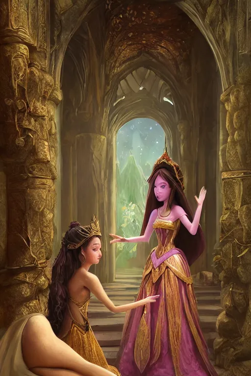 Prompt: a beautiful and highly detailed fantasy painting of a beautiful princess welcoming a well respected messenger into her private chambers by filipino hodas | cgsociety, trending on artstation, behance hd | zbrush central, octane, unreal engine :. 4 | concept art :. 4 | fantasy :. 6 | fantasy art :. 6