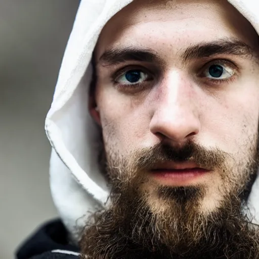 Image similar to professional close - up portrait photograph of a bohemian jewish prophet in his 2 0 s wearing a white hooded wizards robe. cinematic, epic framing, deep emotion. game if thrones character.