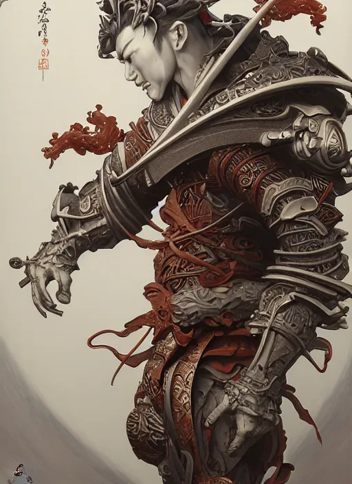 Image similar to subsurface scattering, white, koi, samurai deity with koi armor, art nouveau swirls, octane render, by jesper ejsing, james jean, justin gerard, tomasz alen kopera, cgsociety and fenghua zhong, highly detailed, rim light, cinematic lighting, art, very coherent, cinematic, hyper realism, high detail, 8 k