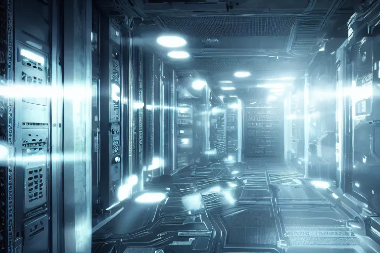 Image similar to parallax datacenter server room interior single mono colossus white rusty android guest robosaurus artstation cinematic detailed concept art volumetric light sharp coherent cgsociety symmetric perfect well balanced shadows lotr hardware