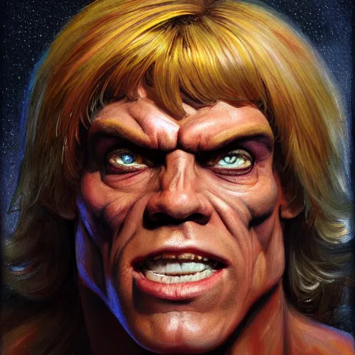 Image similar to portrait painting of he - man, art by kenne gregoire, 4 k, ultra realistic, highly detailed, epic lighting