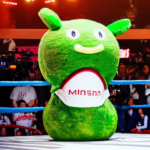 Image similar to cinematic photograph of elon musk in an avacado, japanese mascot, in a boxing ring, 4 k, cinemqtic lighting, high quality photography, mid shot