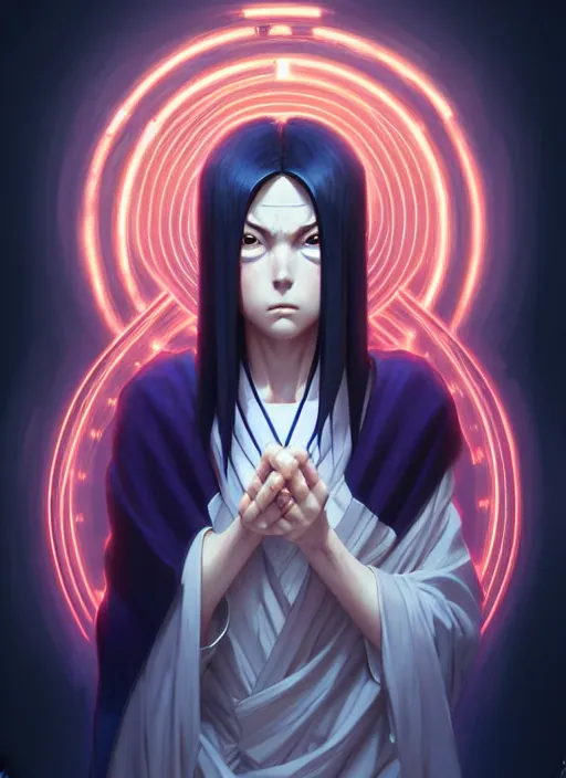 Image similar to symmetry!! itachi, glowing lights!! intricate, elegant, highly detailed, digital painting, artstation, concept art, smooth, sharp focus, illustration, art by artgerm and greg rutkowski and alphonse mucha