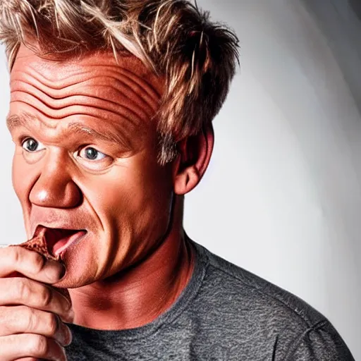 Prompt: Gordon Ramsey eating bricks, crying, photo, crisp, 8k