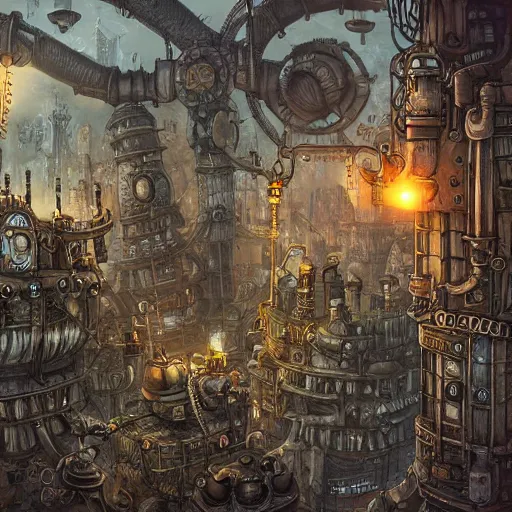 Image similar to machinarium city, steampunk style, fantasy style, super high detail, super high quality, talented artist, trending on artstation