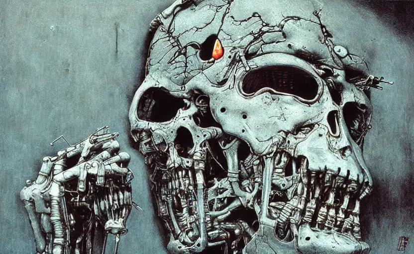 Image similar to terminator endoskeleton crying by beksinski