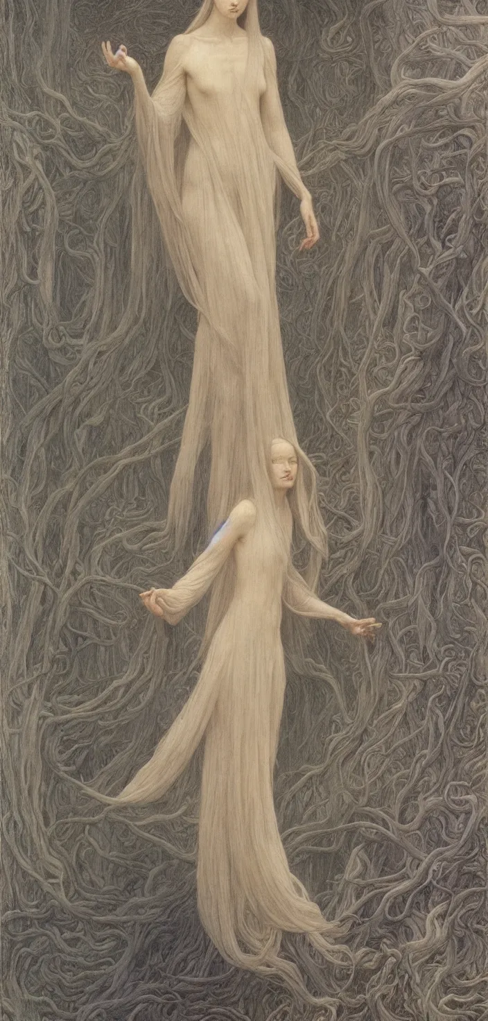 Image similar to thin young beautiful with long wispy grey hair, wearing robes, glfemale goddess, oil on canvas jean delville and ralph maquarrie, 4 k resolution, calm serene aesthetics