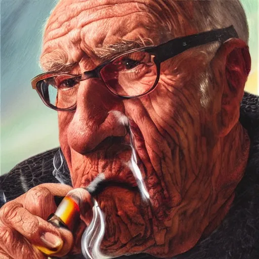 Prompt: old grumpy man, smoking resin from a glass pipe, super mega hyper realistic, portrait,